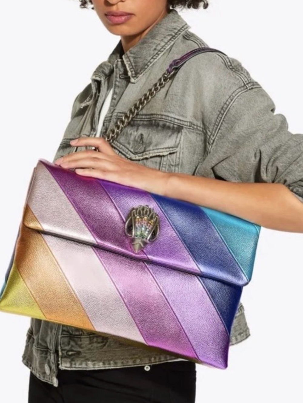 KURT GEIGER LONDON XXL Leather KENSINGTON Metallic Rainbow Stripe Shoulder Bag